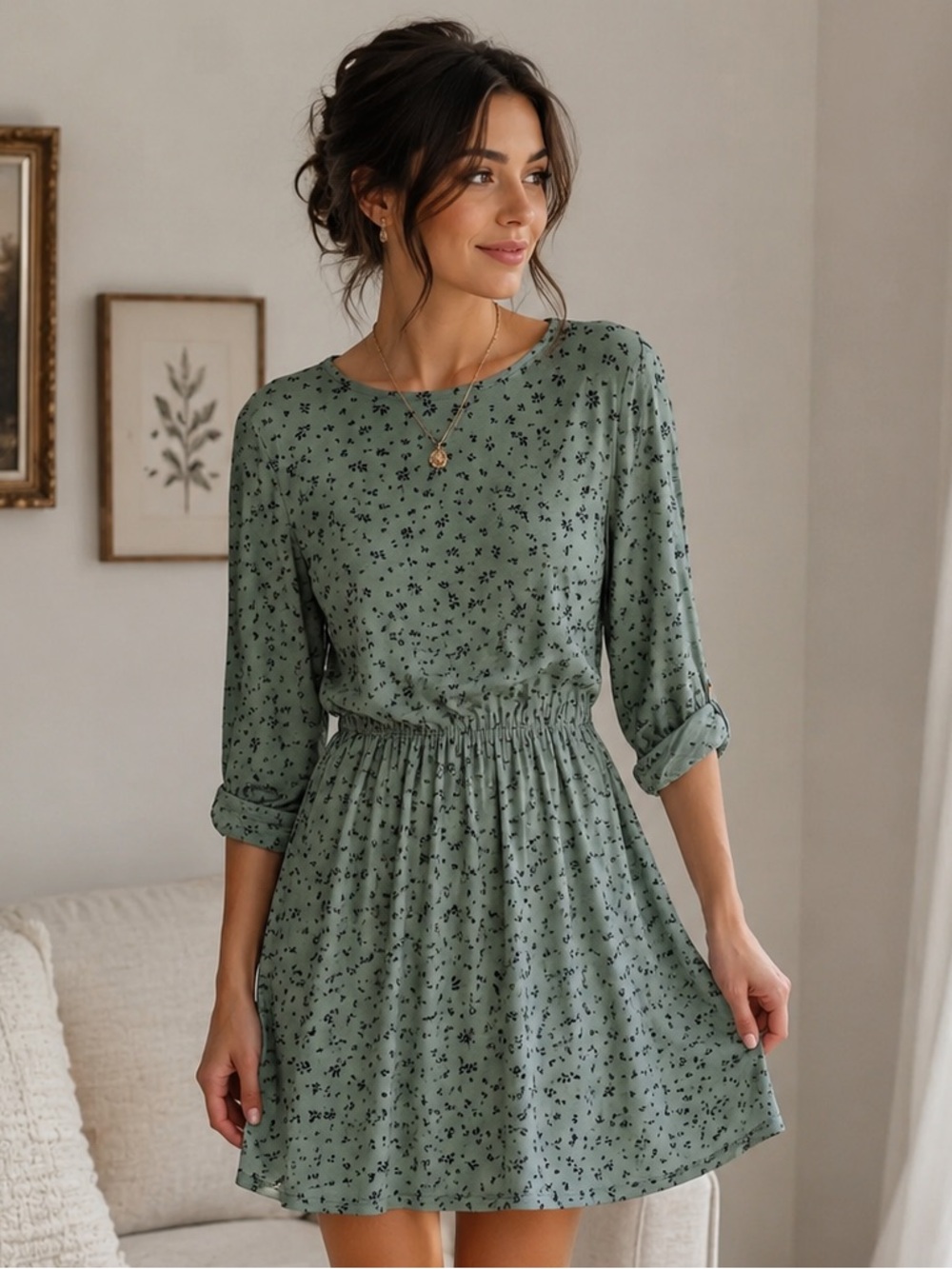 French Grey Sage Green Floral Mini Dress Long Sleeve Cottagecore - Large